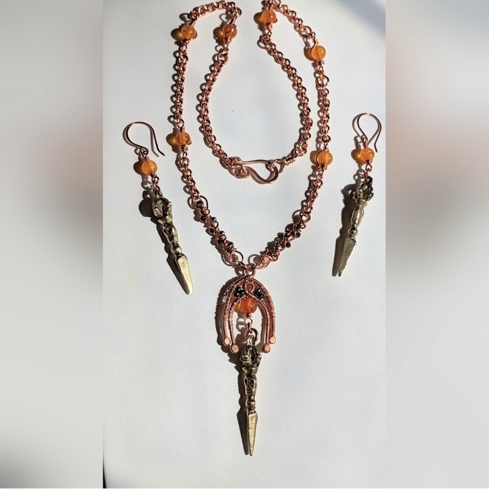 Artisan Amber Jewelry Set Vintage Tibetan Phurba Amulets
